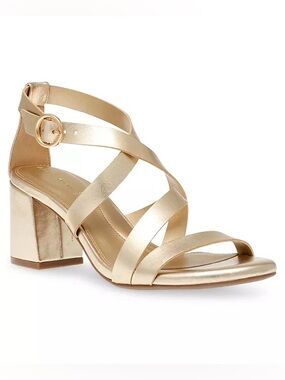 Anne Klein Rowen Metallic Gold Block Heel Sandal Sz 7.5 BNWB